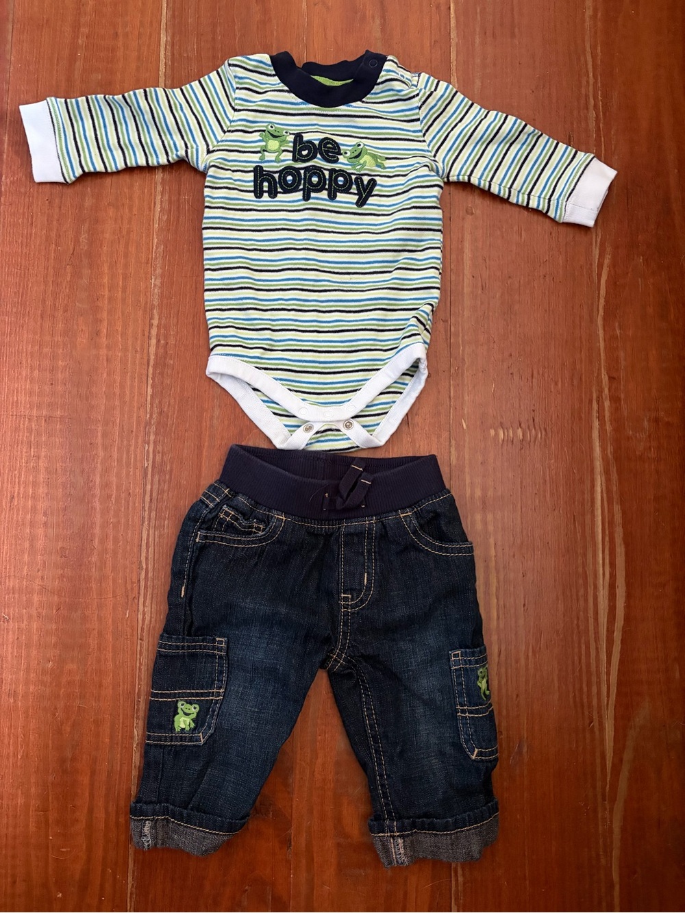 Gymboree Striped Green & Blue Bodysuit with Dark Denim Jeans